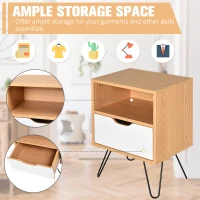 HOMCOM BedsideTable Nightstand Table Cabinet with Storage Drawer Metal Legs Home White Natural Color(m-4)