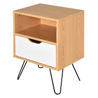 HOMCOM BedsideTable Nightstand Table Cabinet with Storage Drawer Metal Legs Home White Natural Color(m-1)