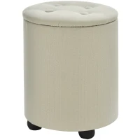 HOMCOM φ30 x 40H cm Elegant Linen Storage Ottoman Stool w/ Tufting Padded Top Home Living Room Furniture Seat Footrest Removable Lid Ivory(m-1)