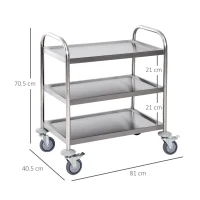 HOMCOM Stainless Steel 3 Tier Rolling Kitchen Service Cart Catering Storage Trolley Island Utility with Locking Wheels for Hotels Restaurants 70.5L x 40.5D x 81H (cm)(m-3)