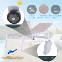 Outsunny Aluminium Garden Sun Lounger Padded Chaise Lounge Reclining Chair with Adjustable Backrest Bed Lounger with Wheels Texteline - White(m-5)