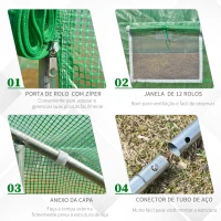Outsunny Estufa Tipo Túnel 800x300x200cm com 12 Janelas e Porta Enrolável Cobertura de PE 140g/m² e Aço Teto Pontiagudo para Cultivo de Plantas Verduras Verde(m-5)