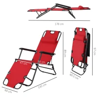Outsunny 2 in 1 Sun Lounger Folding Reclining Chair Garden Outdoor Camping Adjustable Back with Pillow, Red(m-3)