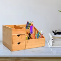 HOMCOM Bamboo Desktop Organiser Holder Multi-Function Storage Caddy Drawers Office Supply(m-2)