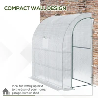 Outsunny Walk-In Lean to Wall Greenhouse with Windows and Doors, Outdoor Green House with 3 Tiers 4 Wired Shelves, 200L x 100W x 215Hcm, White(m-5)