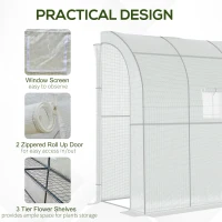 Outsunny Walk-In Lean to Wall Greenhouse with Windows and Doors, Outdoor Green House with 3 Tiers 4 Wired Shelves, 200L x 100W x 215Hcm, White(m-6)