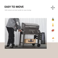 Outsunny Charcoal Grill BBQ Trolley with Adjustable Charcoal Grate, Garden Metal Smoker Barbecue with Shelf, Side Table, Wheels, Built-in Thermometer, Bottle Opener(m-7)
