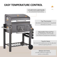 Outsunny Charcoal Grill BBQ Trolley with Adjustable Charcoal Grate, Garden Metal Smoker Barbecue with Shelf, Side Table, Wheels, Built-in Thermometer, Bottle Opener(m-6)