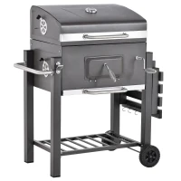 Outsunny Charcoal Grill BBQ Trolley with Adjustable Charcoal Grate, Garden Metal Smoker Barbecue with Shelf, Side Table, Wheels, Built-in Thermometer, Bottle Opener(m-1)