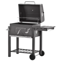 Outsunny Charcoal Grill BBQ Trolley with Adjustable Charcoal Grate, Garden Metal Smoker Barbecue with Shelf, Side Table, Wheels, Built-in Thermometer, Bottle Opener(m-11)