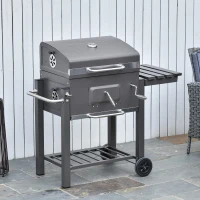 Outsunny Charcoal Grill BBQ Trolley with Adjustable Charcoal Grate, Garden Metal Smoker Barbecue with Shelf, Side Table, Wheels, Built-in Thermometer, Bottle Opener(m-10)