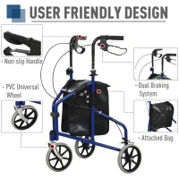 HOMCOM Tri Rollator Walker for Seniors and Handicapped, Three Wheel Rollator with Handbrakes, Adjustable Height, PU Storage Bag, Foldable Design, Metal, 56.5 x 58.5 x 82-96 cm(m-4)