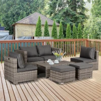 Outsunny 8 Pieces PE Rattan Sofa Set with Cushions, Garden Corner Sofa with 4 Seater Sofa, 2 Footstools and 2 Coffee Table Set, Space-saving Design, No Assembly Required, Grey(m-10)