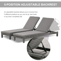Outsunny 2 Seater Rattan Sun Lounger Set w/ Adjustable Steel Frame-Grey(m-7)