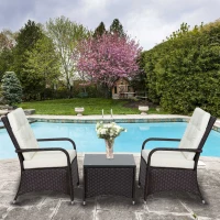 Outsunny 3 Pieces Rattan Bistro Set with Furniture Cover, Wicker Garden Furniture Set, Glass Top Coffee Table and Chairs with Cushions for Outdoor, Patio, Balcony, Cream White(m-10)