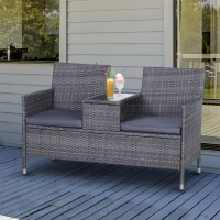 Outsunny 2-Seater PE Rattan Outdoor Garden Bench w/ Centre Table Grey(m-2)