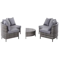 Outsunny Rattan Garden Furniture 4 Seaters Half-round Patio Outdoor Sofa & Table Set Wicker Weave Conservatory Cushioned Seat with Pillow - Grey(m-10)