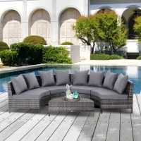 Outsunny Rattan Garden Furniture 4 Seaters Half-round Patio Outdoor Sofa & Table Set Wicker Weave Conservatory Cushioned Seat with Pillow - Grey(m-9)
