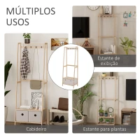 HOMCOM Suporte para Cabides de Madeira 2 Prateleiras Cabide com 2 Gavetas de Tecido 4 Ganchos e Barra para Pendurar 58x36x168cm Madeira(m-6)