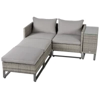 Outsunny 5pcs Patio Rattan Wicker Sofa Set Chaise Lounge Double Sofa Bed Furniture w/ Coffee Table & Footstool for Patios, Garden, Backyard, Grey(m-11)