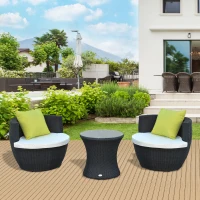 Outsunny 3-Piece Outdoor Rattan Bistro Set, Patio Wicker Balcony Furniture, Assembled Conservatory Vase Chair Stackable Furniture Set with Cushions, Black(m-10)