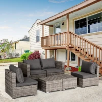 Outsunny 8 Pieces PE Rattan Sofa Set with Cushions, Garden Corner Sofa with 4 Seater Sofa, 2 Footstools and 2 Coffee Table Set, Space-saving Design, No Assembly Required, Grey(m-2)