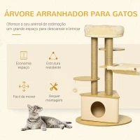 PawHut Árvore Arranhadora para Gatos Ø60x99 cm com Caverna Triangular de Feltro Removível Rede Cama Lavável Postes Arranhador de Juta e Bola Suspensa Bege e Natural(m-6)