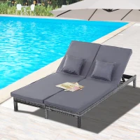 Outsunny 2 Seater Rattan Lounger Adjustable Double Chaise Chair Loveseat w/ Cushion - Grey(m-2)