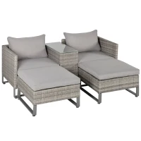 Outsunny 5pcs Patio Rattan Wicker Sofa Set Chaise Lounge Double Sofa Bed Furniture w/ Coffee Table & Footstool for Patios, Garden, Backyard, Grey(m-1)