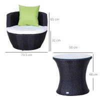 Outsunny 3-Piece Outdoor Rattan Bistro Set, Patio Wicker Balcony Furniture, Assembled Conservatory Vase Chair Stackable Furniture Set with Cushions, Black(m-3)