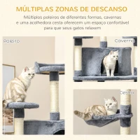 PawHut Árvore Arranhador para Gatos Grande 60x60x200cm com 2 Cavernas 2 Redes Cama Múltiplas Plataformas Postes Arranhadores de Sisal Natural e Bolas de Brinquedo Cinza(m-6)