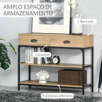 HOMCOM Mesa Consola Mesa de Entrada Estreita com 2 Gavetas e 2 Prateleiras de Armazenamento Estrutura de Aço para Corredor Entrada Sala de Estar 100x35x79,5cm Carvalho e Preto(m-6)