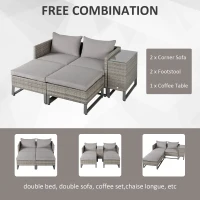 Outsunny 5pcs Patio Rattan Wicker Sofa Set Chaise Lounge Double Sofa Bed Furniture w/ Coffee Table & Footstool for Patios, Garden, Backyard, Grey(m-5)