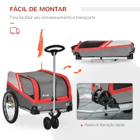 PawHut Reboque de Bicicleta para Cães 2 em 1 Carrinho para Animais de Estimação com Porta Enrolável Cinto de Segurança Bandeira e Refletores 130x64x97cm Vermelho e Cinza(m-9)