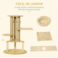 PawHut Árvore Arranhadora para Gatos Ø60x99 cm com Caverna Triangular de Feltro Removível Rede Cama Lavável Postes Arranhador de Juta e Bola Suspensa Bege e Natural(m-5)