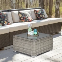 Outsunny Square PE Wicker Rattan Table, with Glass Top - Light Grey(m-10)