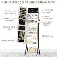 HOMCOM Joalheiro de Pé com Ângulo Ajustável Joalheiro de Corpo Inteiro com Prateleira Inferior Fechadura Magnética Suportes para Joias 47x36x157cm Branco e Preto(m-5)