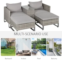 Outsunny 5pcs Patio Rattan Wicker Sofa Set Chaise Lounge Double Sofa Bed Furniture w/ Coffee Table & Footstool for Patios, Garden, Backyard, Grey(m-6)
