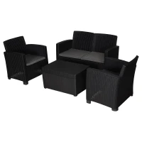Outsunny Garden PP Rattan Style Sofa Table Set 4 Seater Outdoor Patio 2 Single Chairs & 1 Bench Conservatory Furniture Cushioned Black(m-1)