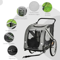 PawHut Reboque de Bicicleta para Cães 2 em 1 Transporte para Animais de Estimação com Porta Enrolável Janelas Cinto de Segurança Bandeira e 6 Refletores 140x72,5x108 cm Cinza(m-4)