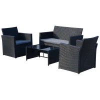 Outsunny 4 Pieces PE Rattan Garden Sofa Set with Cushions, Outdoor Patio Wicker Weave Conservatory Furniture Set with a Loveseat, 2 Armchairs and a Glass Top Coffee Table, Black(m-1)