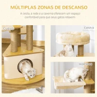 PawHut Árvore Arranhadora para Gatos Ø60x99 cm com Caverna Triangular de Feltro Removível Rede Cama Lavável Postes Arranhador de Juta e Bola Suspensa Bege e Natural(m-4)