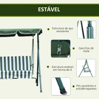 Outsunny Baloiço de Jardim de 3 Lugares com Almofada Toldo Ajustável e Estrutura de Metal para Balcão Terraço Patio Carga Máx. 200kg 172x110x153cm Verde e Branco(m-7)