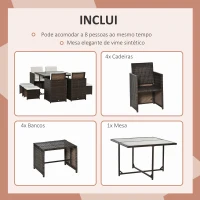 Outsunny Conjunto de Móveis de Vime PE para Jardim Conjunto de 9 Peças Mesa Cadeiras e Bancos com Almofadas para Exterior Marrom(m-5)