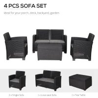 Outsunny Garden PP Rattan Style Sofa Table Set 4 Seater Outdoor Patio 2 Single Chairs & 1 Bench Conservatory Furniture Cushioned Black(m-4)
