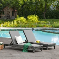 Outsunny 2 Seater Rattan Sun Lounger Set w/ Adjustable Steel Frame-Grey(m-10)