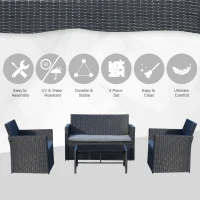 Outsunny 4 Pieces PE Rattan Garden Sofa Set with Cushions, Outdoor Patio Wicker Weave Conservatory Furniture Set with a Loveseat, 2 Armchairs and a Glass Top Coffee Table, Black(m-6)