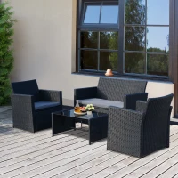Outsunny 4 Pieces PE Rattan Garden Sofa Set with Cushions, Outdoor Patio Wicker Weave Conservatory Furniture Set with a Loveseat, 2 Armchairs and a Glass Top Coffee Table, Black(m-2)