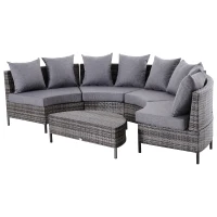 Outsunny Rattan Garden Furniture 4 Seaters Half-round Patio Outdoor Sofa & Table Set Wicker Weave Conservatory Cushioned Seat with Pillow - Grey(m-1)