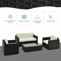 Outsunny 4-Seater Rattan Sofa Set Garden Rattan Furniture Wicker Steel Chair Seat Furniture Patio Rattan Garden Sofa Black(m-4)